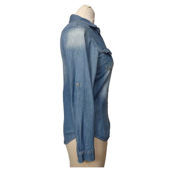 NOBLE U Long Sleeve Denim Shirt Button Down Chambray Jean Top Size S Cowboy - Picture 8 of 11